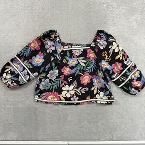 C&C California Shirt Top Blouse Women M Black Floral Linen Tropical Boho